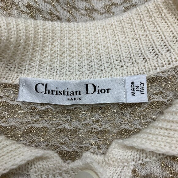 Christian Dior Cream / Gold Short Sleeved Cashmere Houndstooth Polo Sweater - Picture 5 of 6